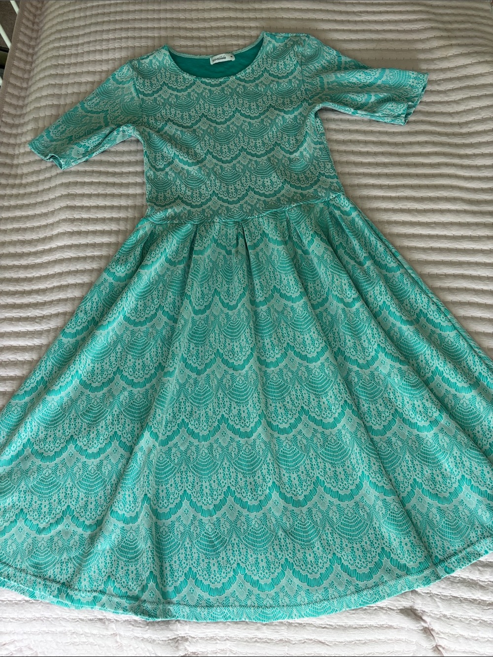 Scalloped Lace-Pattern Turquoise Fit & Flare Dress